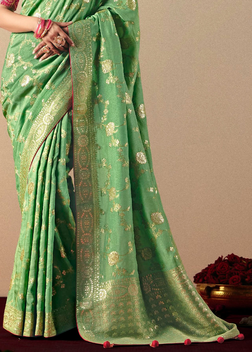 Fern Green Viscose Dola Silk Saree with Intricate Zari Weaving