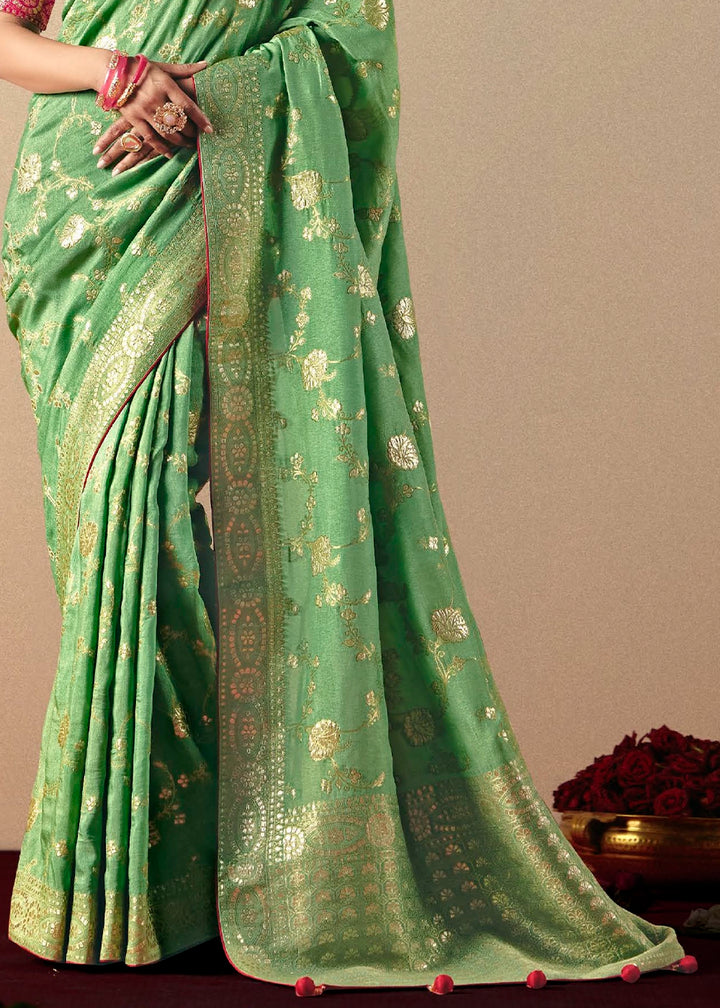 Fern Green Viscose Dola Silk Saree with Intricate Zari Weaving