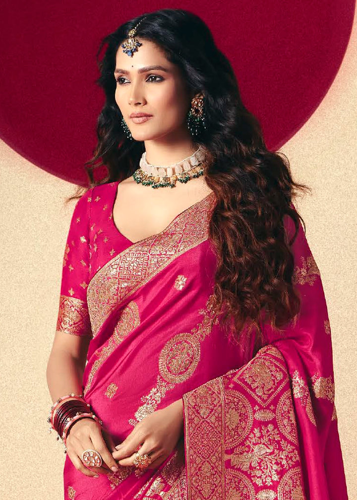 Raspberry Pink Viscose Dola Silk Saree with Intricate Zari Weaving