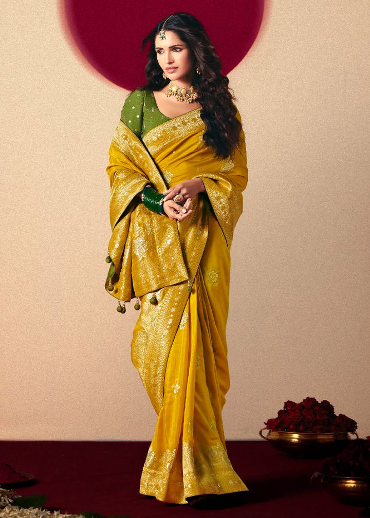 Canary Yellow Viscose Dola Silk Saree with Intricate Zari Weaving