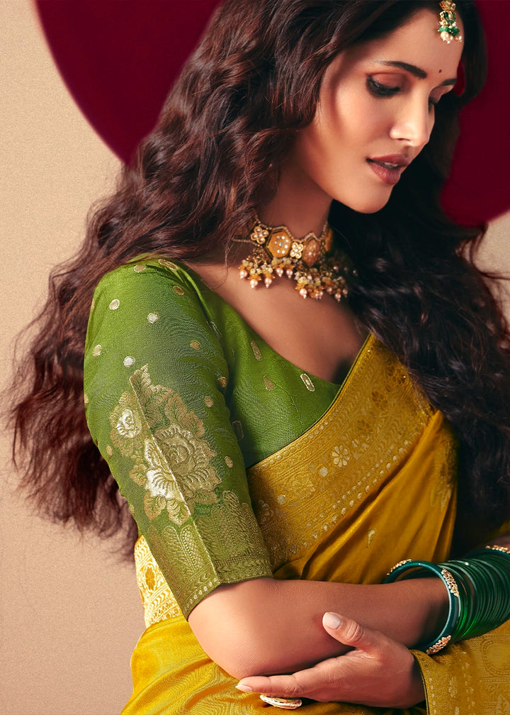 Canary Yellow Viscose Dola Silk Saree with Intricate Zari Weaving