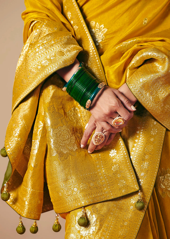 Canary Yellow Viscose Dola Silk Saree with Intricate Zari Weaving