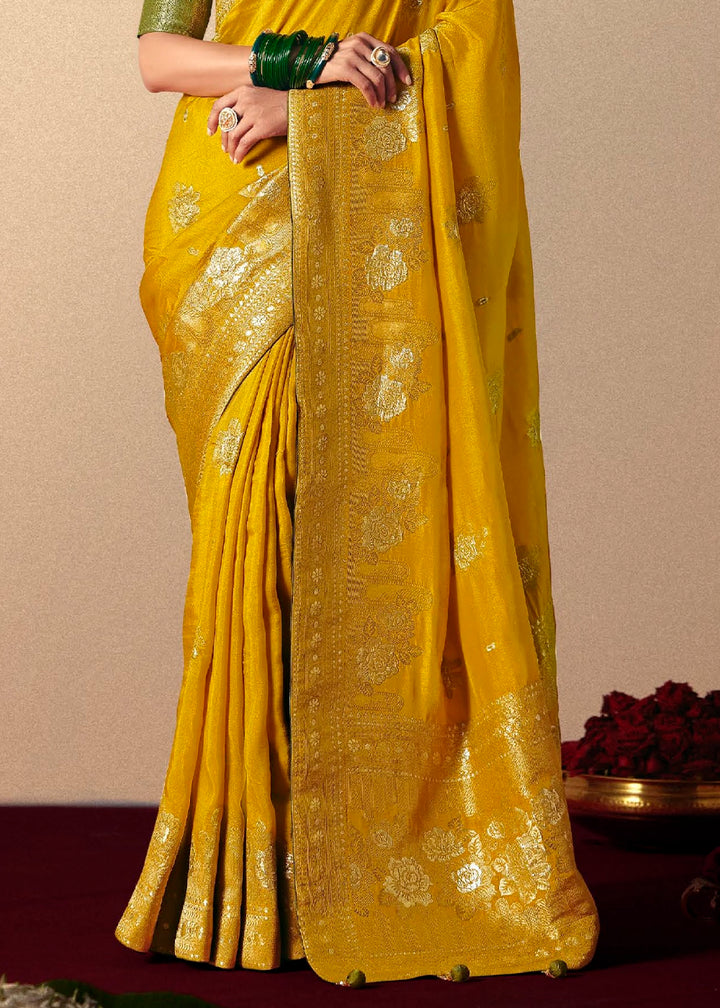 Canary Yellow Viscose Dola Silk Saree with Intricate Zari Weaving