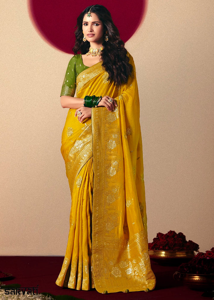 Canary Yellow Viscose Dola Silk Saree with Intricate Zari Weaving
