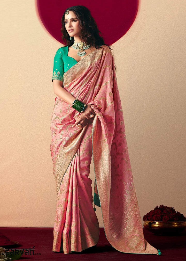 Creamy Pink Viscose Dola Silk Saree with Intricate Zari Weaving