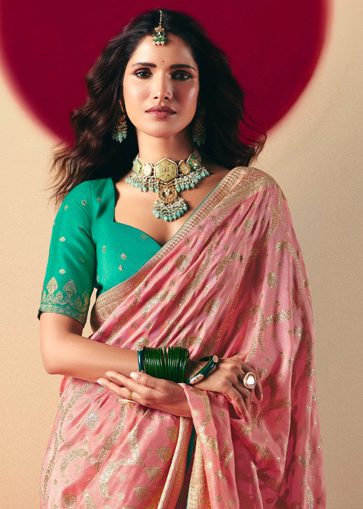 Creamy Pink Viscose Dola Silk Saree with Intricate Zari Weaving
