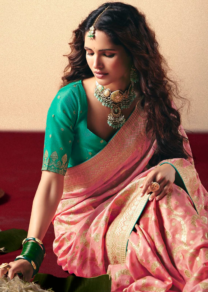 Creamy Pink Viscose Dola Silk Saree with Intricate Zari Weaving