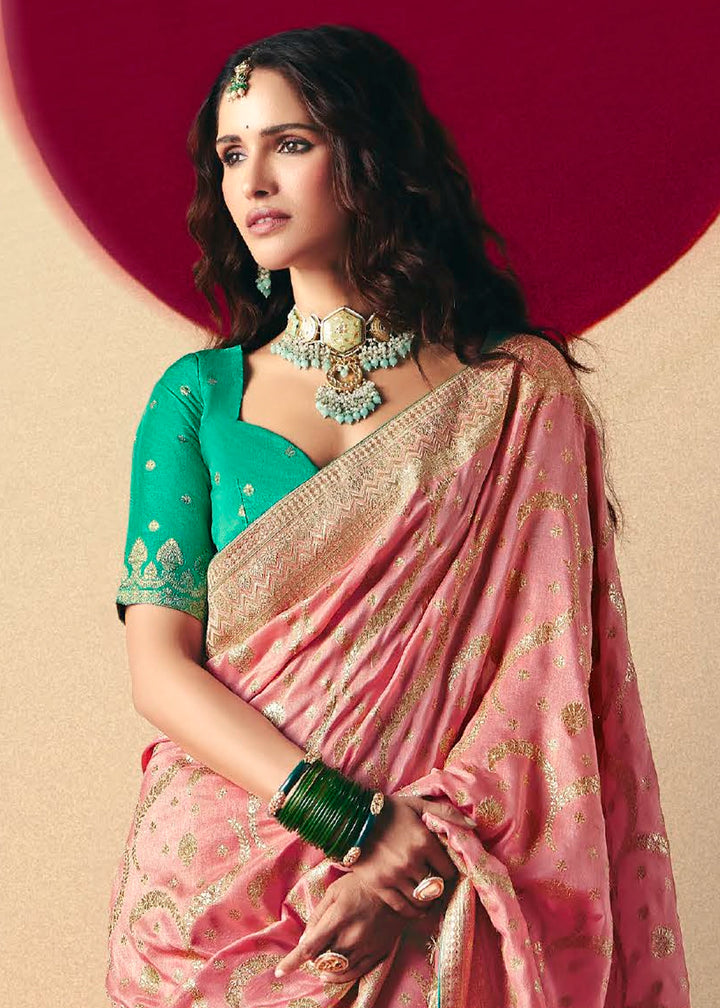 Creamy Pink Viscose Dola Silk Saree with Intricate Zari Weaving