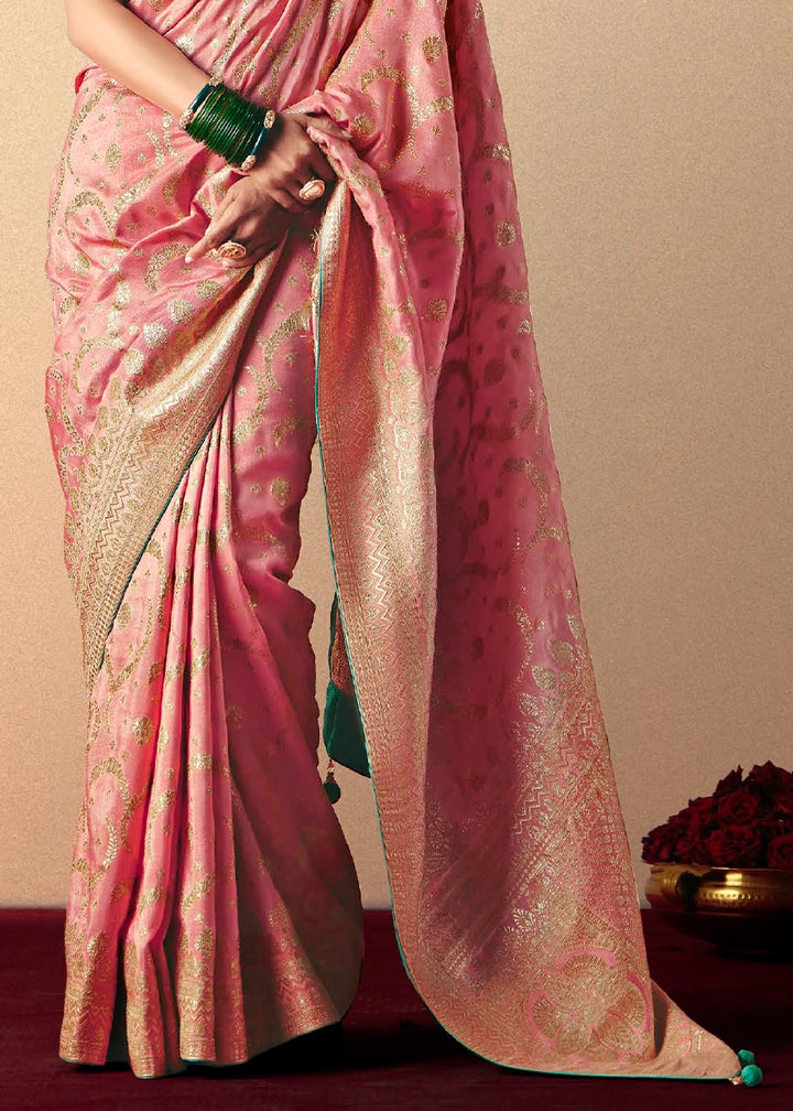 Creamy Pink Viscose Dola Silk Saree with Intricate Zari Weaving
