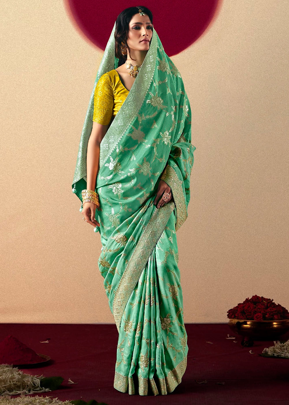 Spring Green Viscose Dola Silk Saree with Intricate Zari Weaving