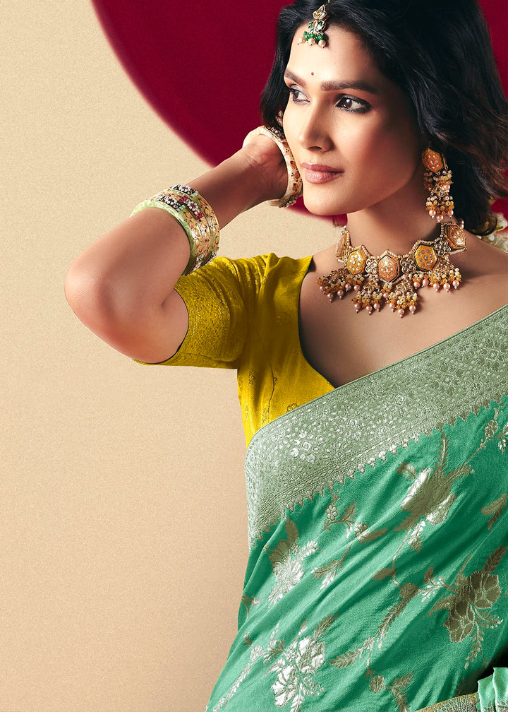 Spring Green Viscose Dola Silk Saree with Intricate Zari Weaving