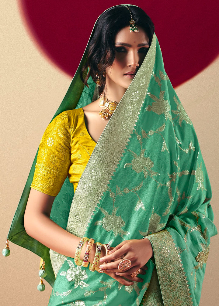 Spring Green Viscose Dola Silk Saree with Intricate Zari Weaving