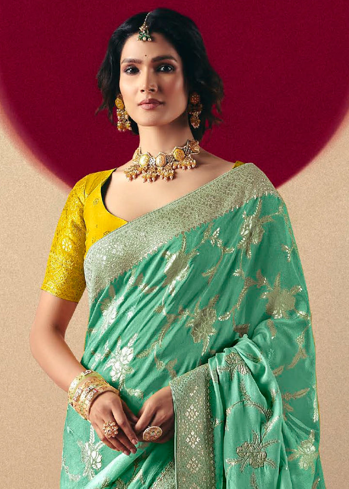Spring Green Viscose Dola Silk Saree with Intricate Zari Weaving