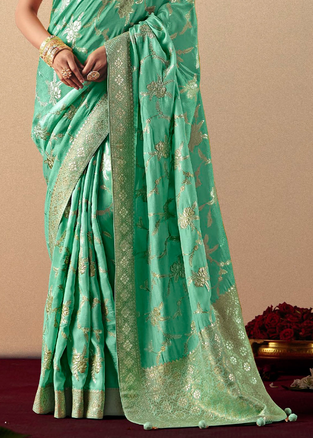 Spring Green Viscose Dola Silk Saree with Intricate Zari Weaving