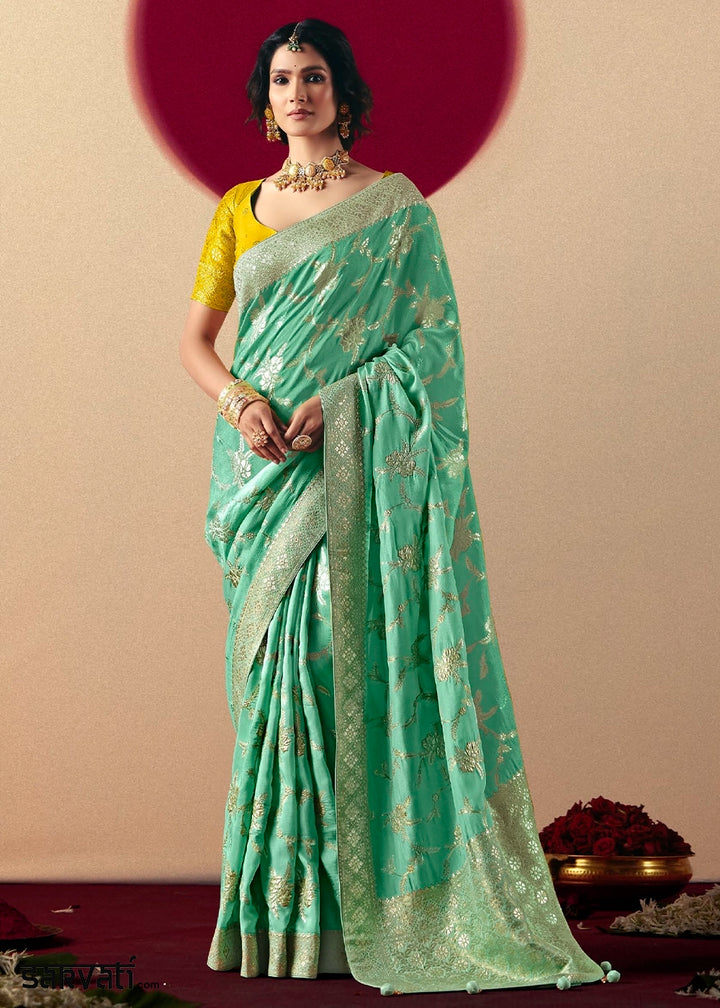 Spring Green Viscose Dola Silk Saree with Intricate Zari Weaving