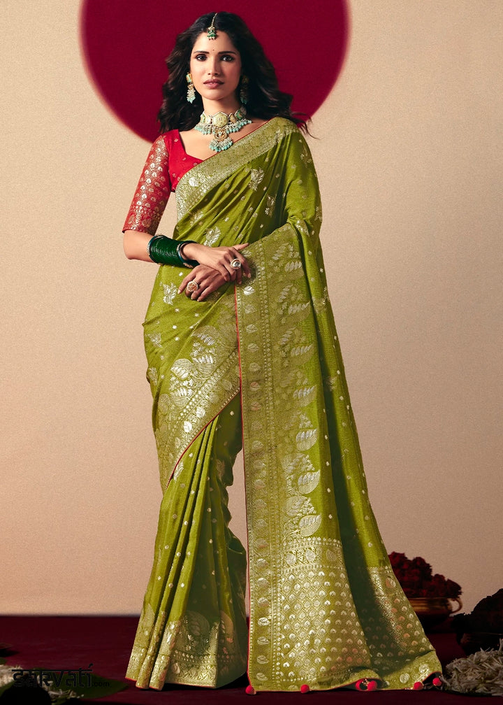Olive Green Viscose Dola Silk Saree with Intricate Zari Weaving