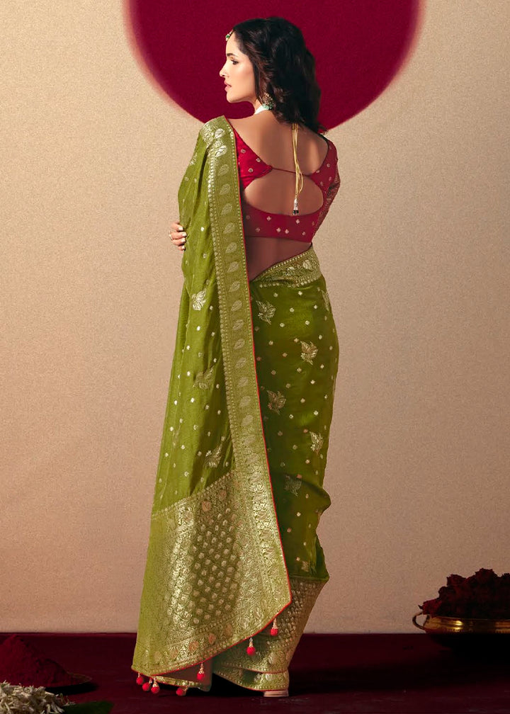 Olive Green Viscose Dola Silk Saree with Intricate Zari Weaving