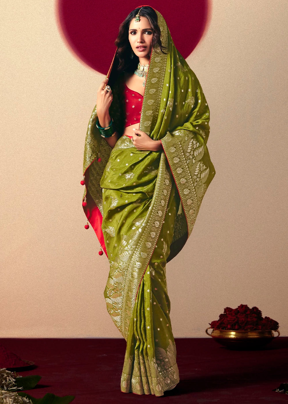 Olive Green Viscose Dola Silk Saree with Intricate Zari Weaving