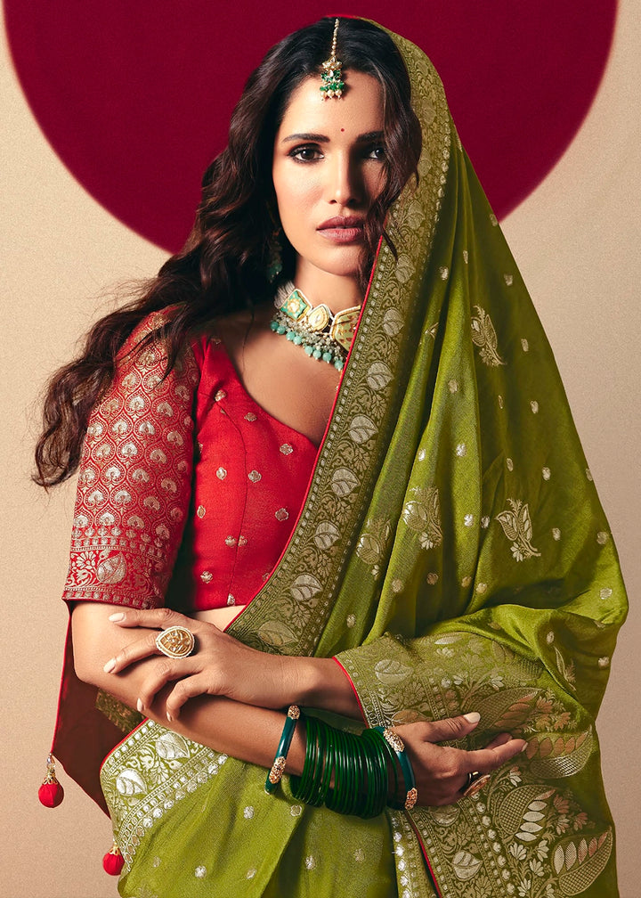Olive Green Viscose Dola Silk Saree with Intricate Zari Weaving