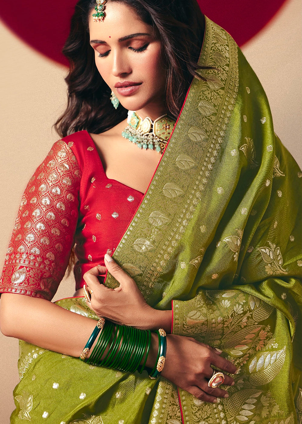 Olive Green Viscose Dola Silk Saree with Intricate Zari Weaving