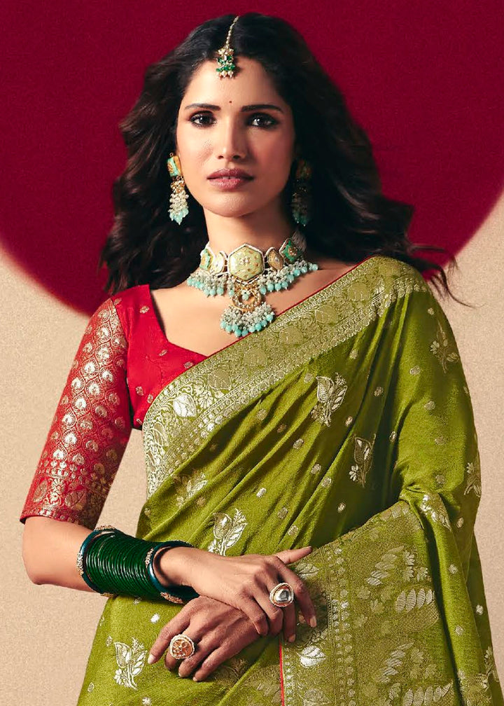 Olive Green Viscose Dola Silk Saree with Intricate Zari Weaving