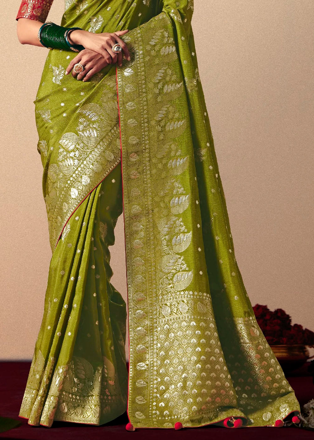 Olive Green Viscose Dola Silk Saree with Intricate Zari Weaving