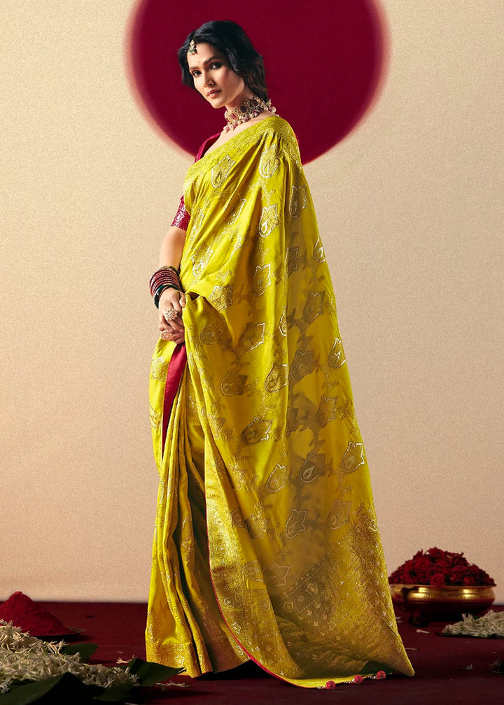 Vivid Yellow Viscose Dola Silk Saree with Intricate Zari Weaving