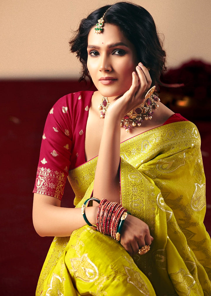 Vivid Yellow Viscose Dola Silk Saree with Intricate Zari Weaving