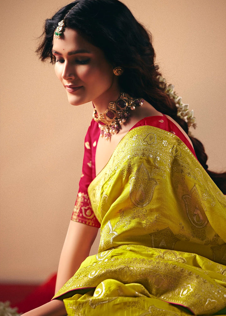 Vivid Yellow Viscose Dola Silk Saree with Intricate Zari Weaving
