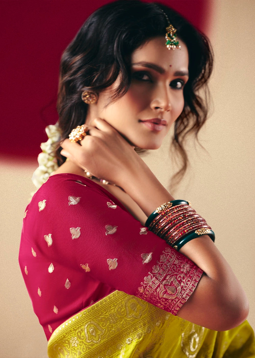 Vivid Yellow Viscose Dola Silk Saree with Intricate Zari Weaving
