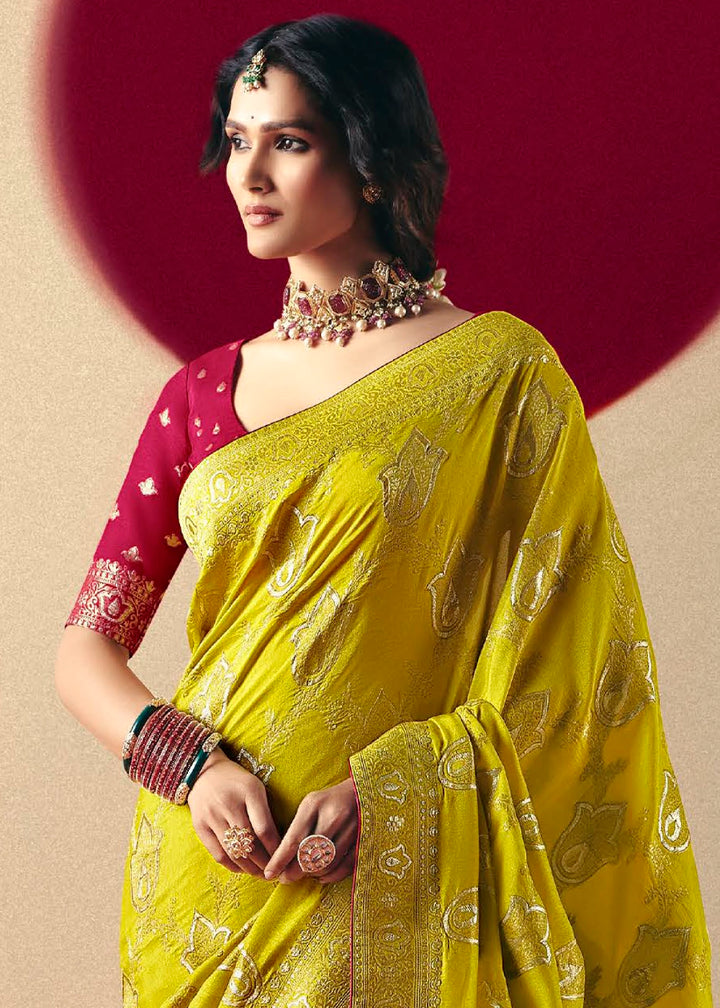 Vivid Yellow Viscose Dola Silk Saree with Intricate Zari Weaving
