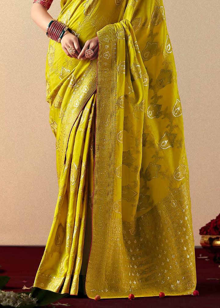 Vivid Yellow Viscose Dola Silk Saree with Intricate Zari Weaving