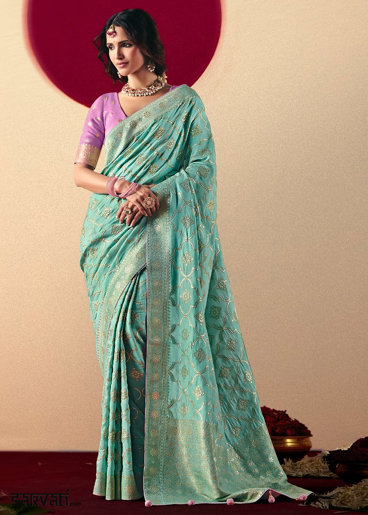 Electric Blue Viscose Dola Silk Saree with Intricate Zari Weaving