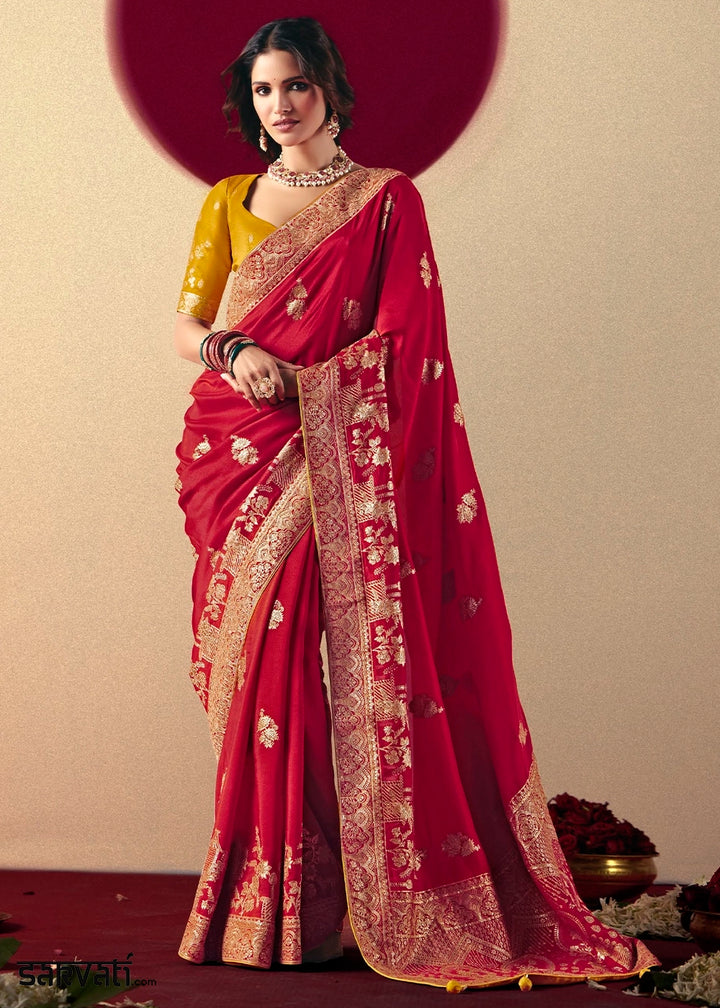 Crimson Red Viscose Dola Silk Saree with Intricate Zari Weaving