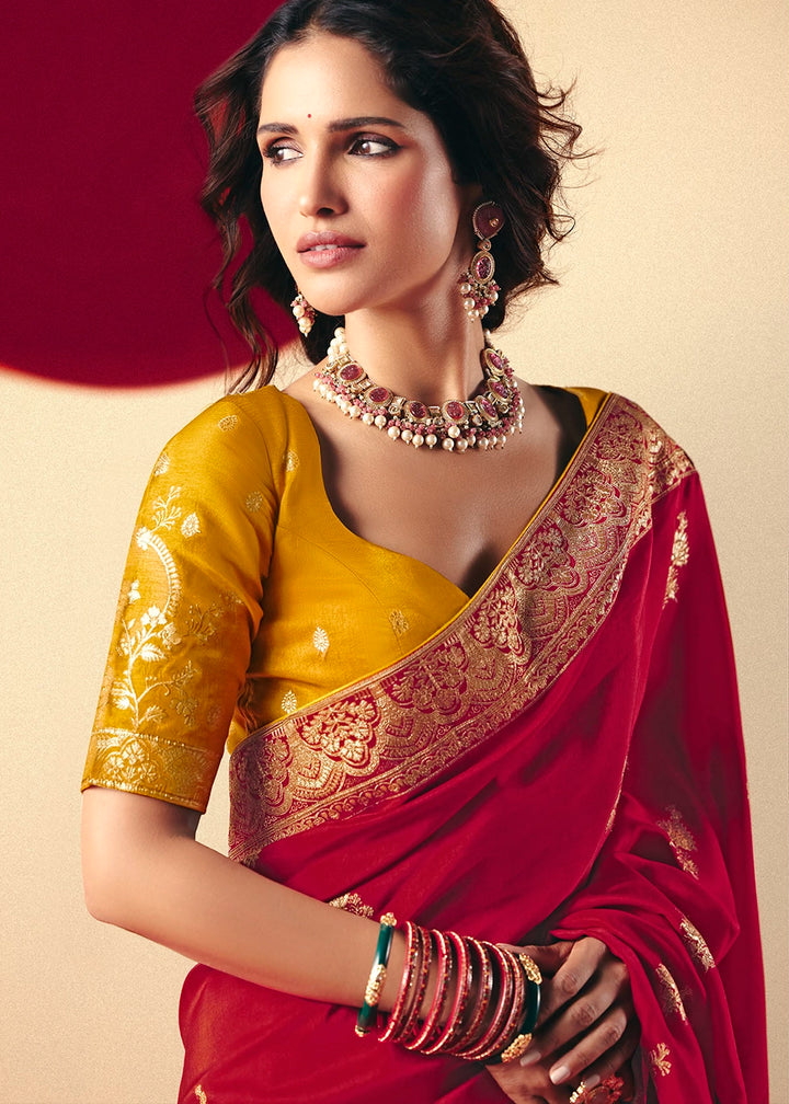 Crimson Red Viscose Dola Silk Saree with Intricate Zari Weaving