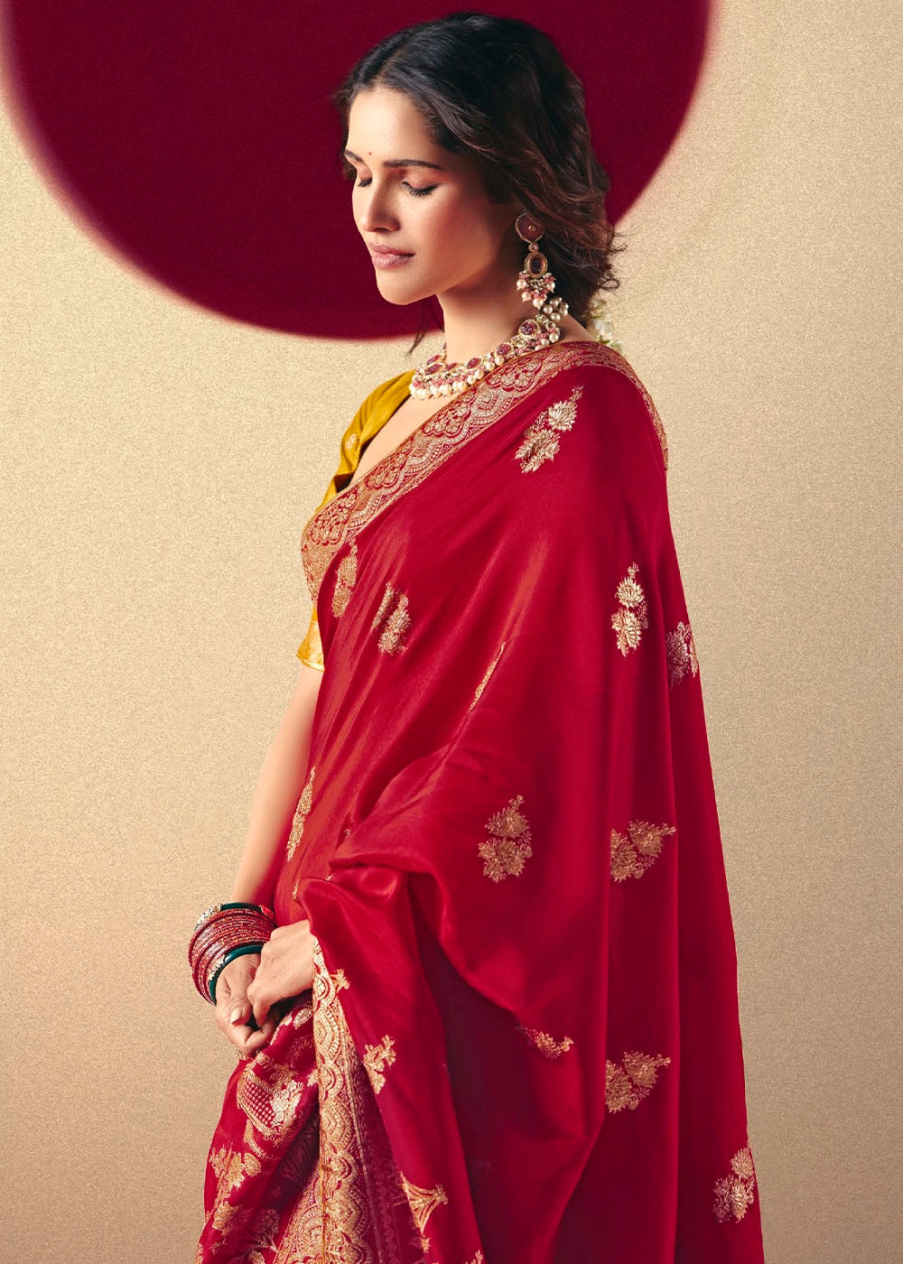 Crimson Red Viscose Dola Silk Saree with Intricate Zari Weaving