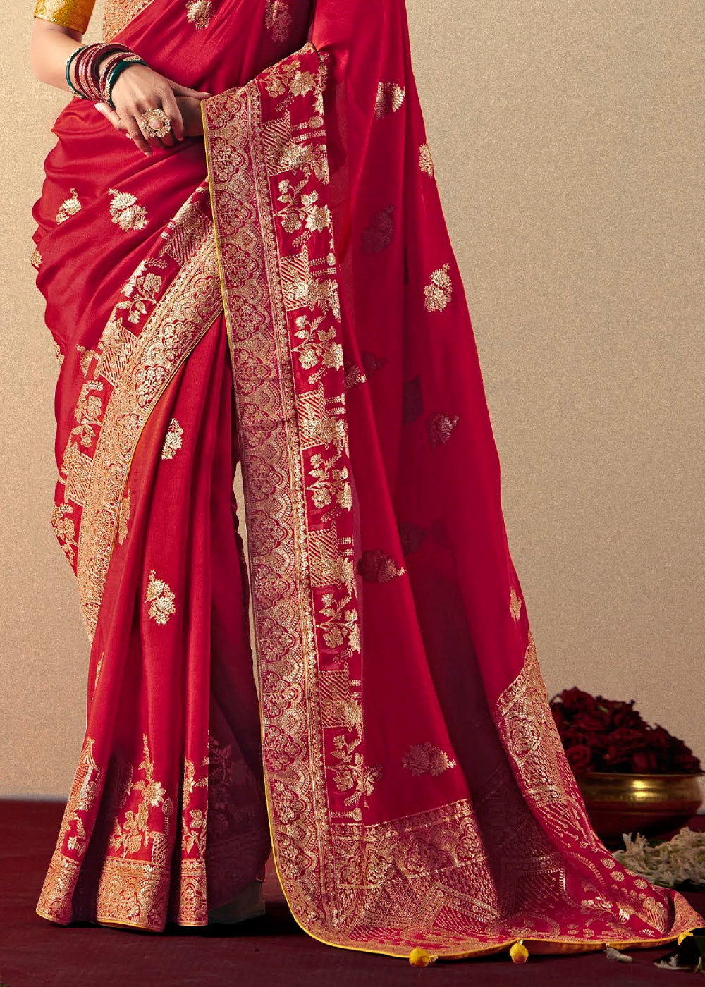 Crimson Red Viscose Dola Silk Saree with Intricate Zari Weaving