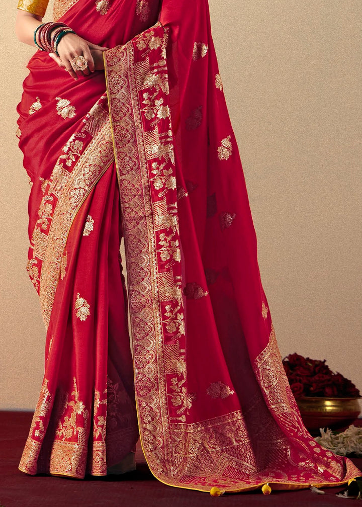 Crimson Red Viscose Dola Silk Saree with Intricate Zari Weaving