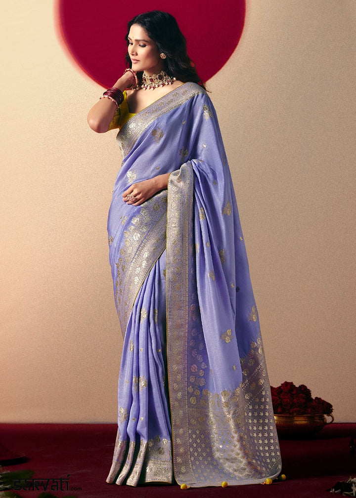 Cornflower Blue Viscose Dola Silk Saree with Intricate Zari Weaving