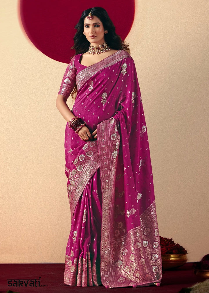 Magenta Purple Viscose Dola Silk Saree with Intricate Zari Weaving