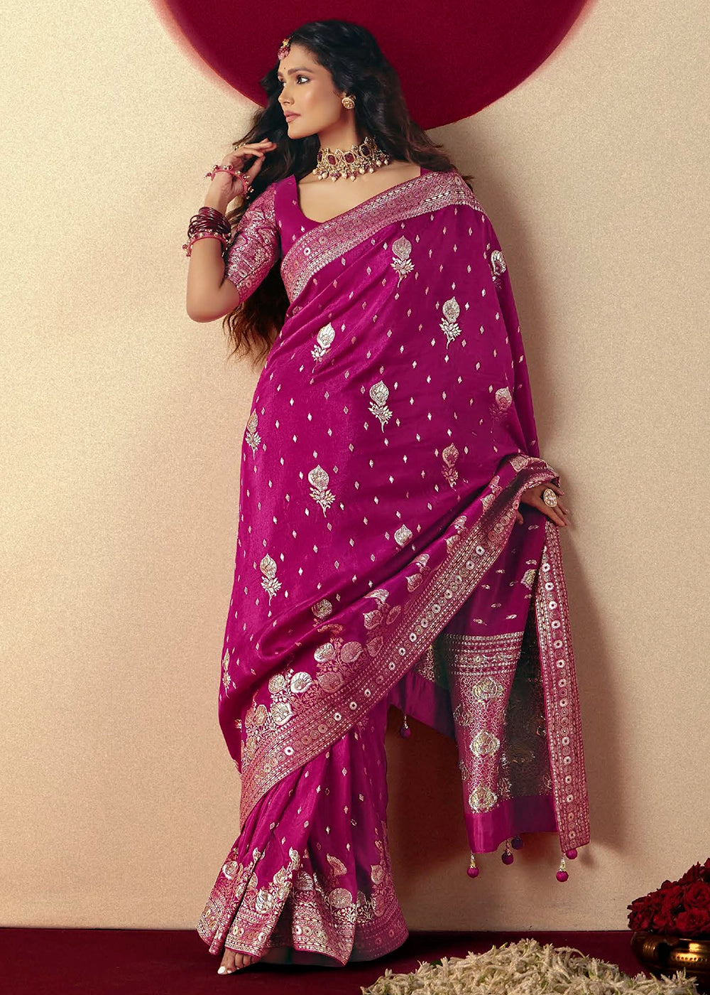 Magenta Purple Viscose Dola Silk Saree with Intricate Zari Weaving