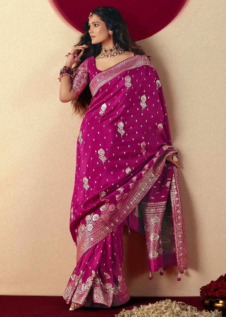 Magenta Purple Viscose Dola Silk Saree with Intricate Zari Weaving