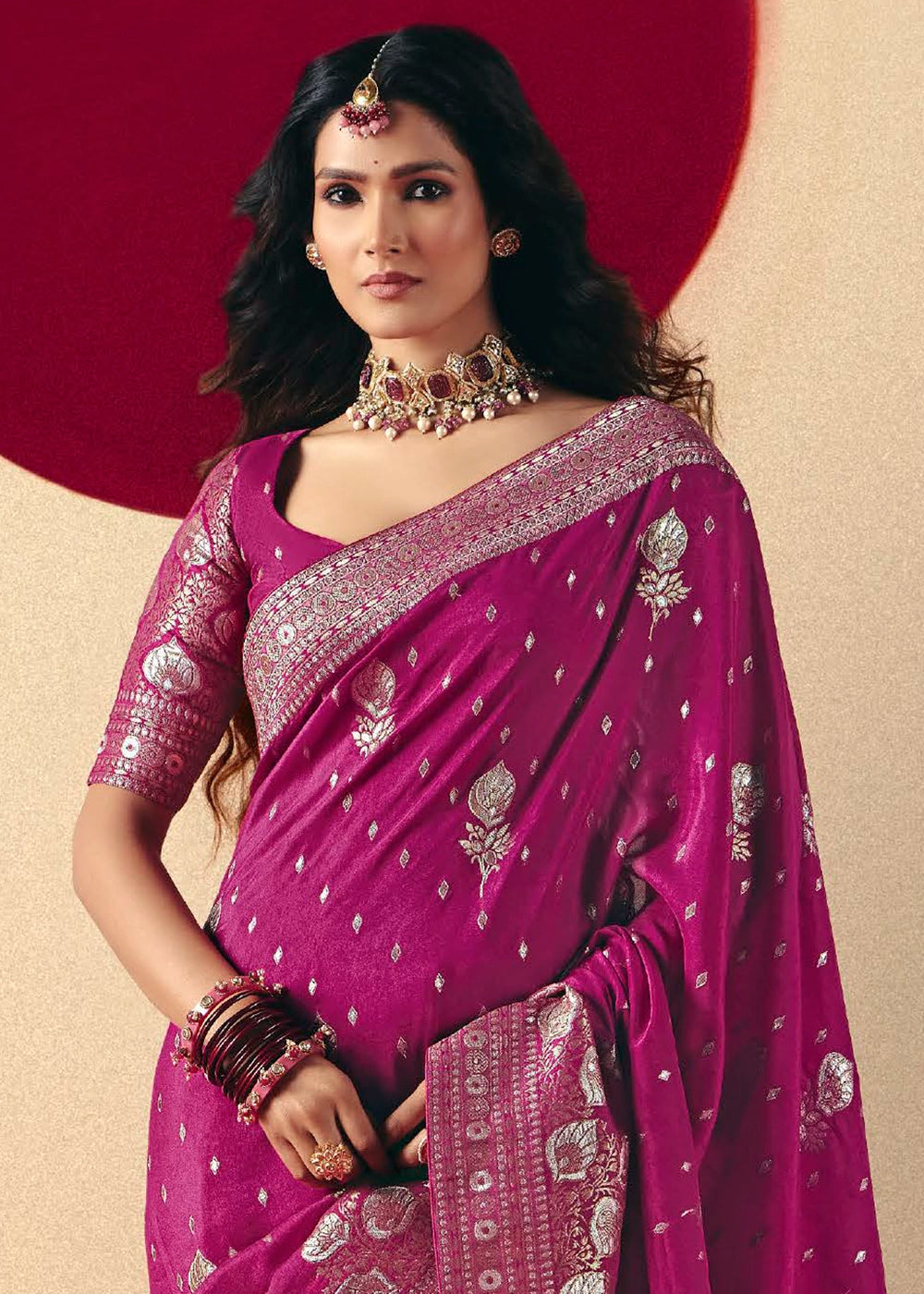 Magenta Purple Viscose Dola Silk Saree with Intricate Zari Weaving