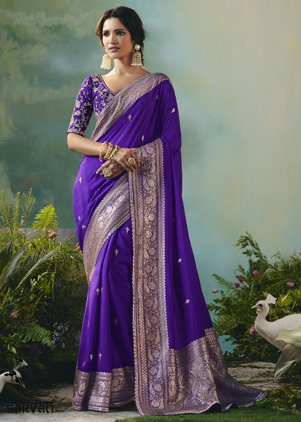 Grape Purple Viscose Dola Silk Saree with Handcrafted Zari & Sequin Work