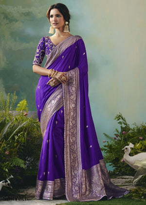 Grape Purple Viscose Dola Silk Saree with Handcrafted Zari & Sequin Work