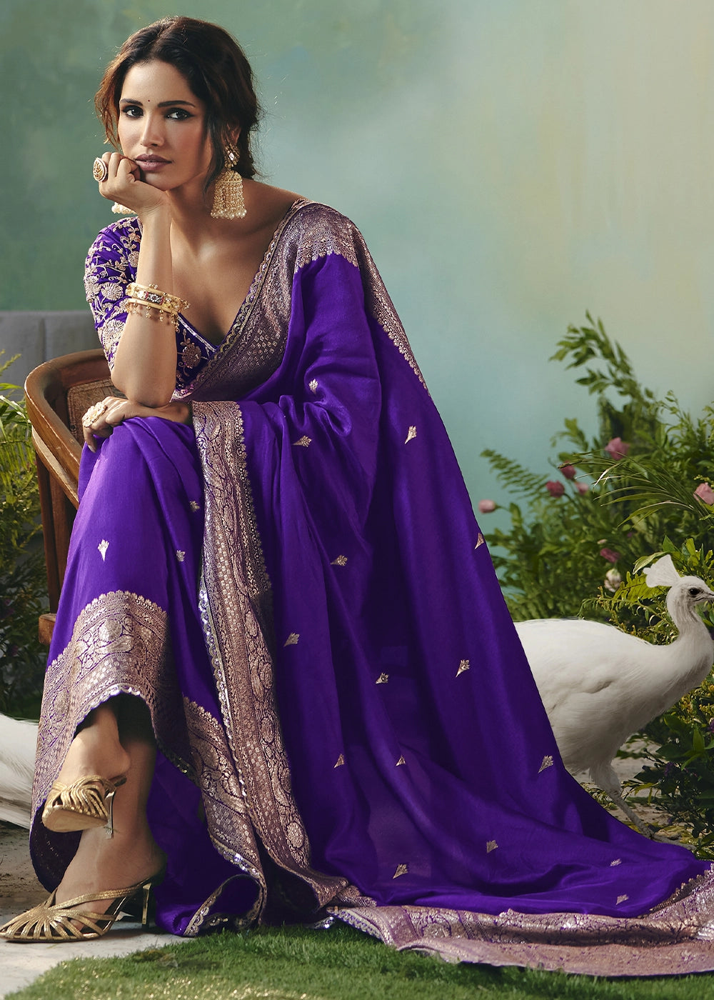 Grape Purple Viscose Dola Silk Saree with Handcrafted Zari & Sequin Work