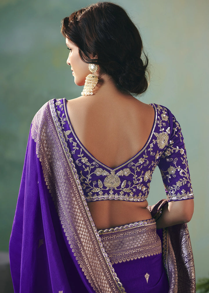 Grape Purple Viscose Dola Silk Saree with Handcrafted Zari & Sequin Work