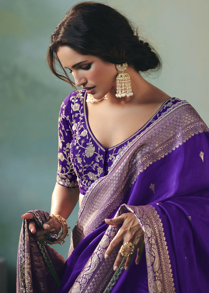 Grape Purple Viscose Dola Silk Saree with Handcrafted Zari & Sequin Work