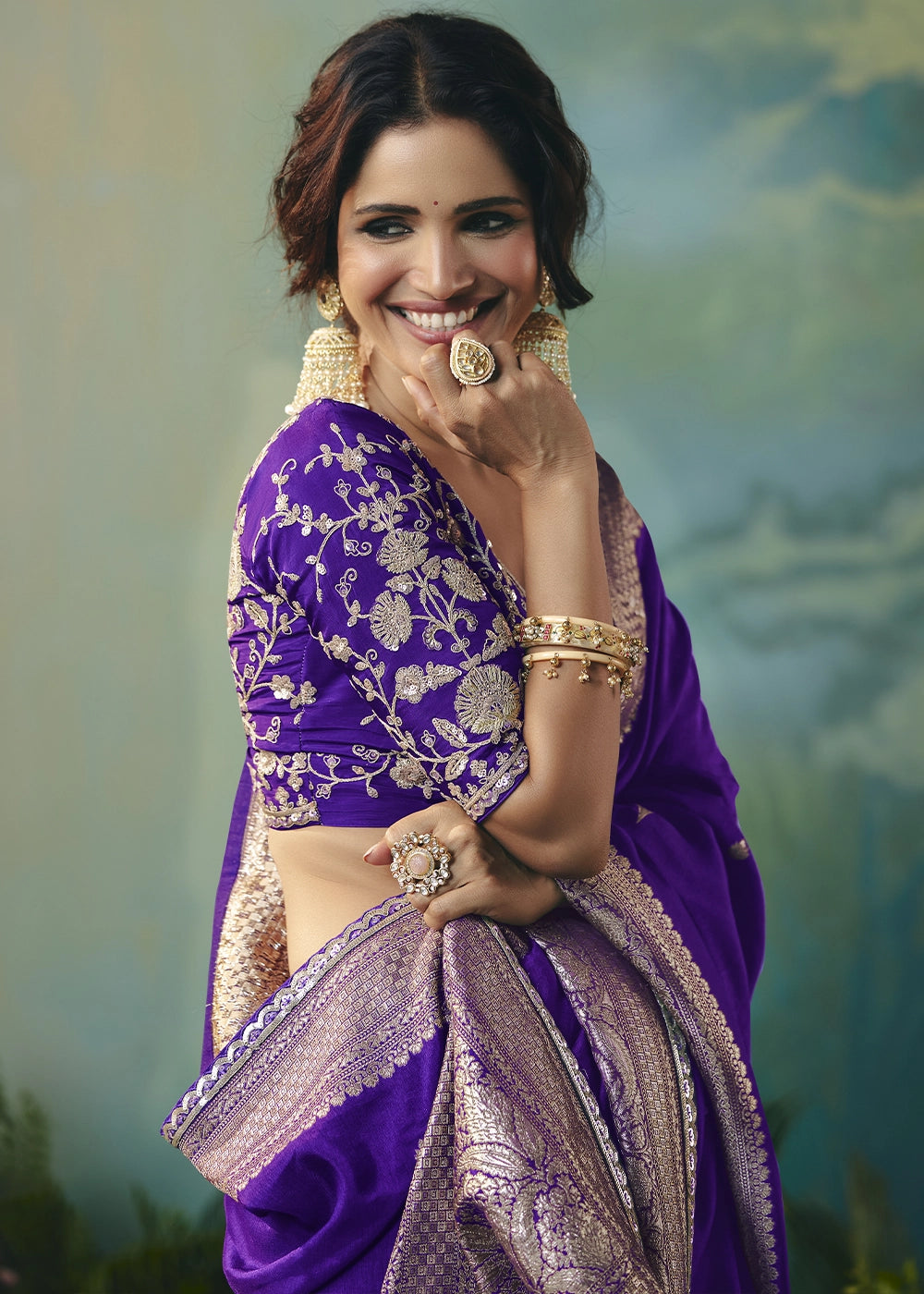 Grape Purple Viscose Dola Silk Saree with Handcrafted Zari & Sequin Work