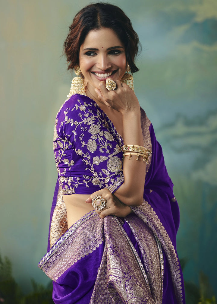 Grape Purple Viscose Dola Silk Saree with Handcrafted Zari & Sequin Work